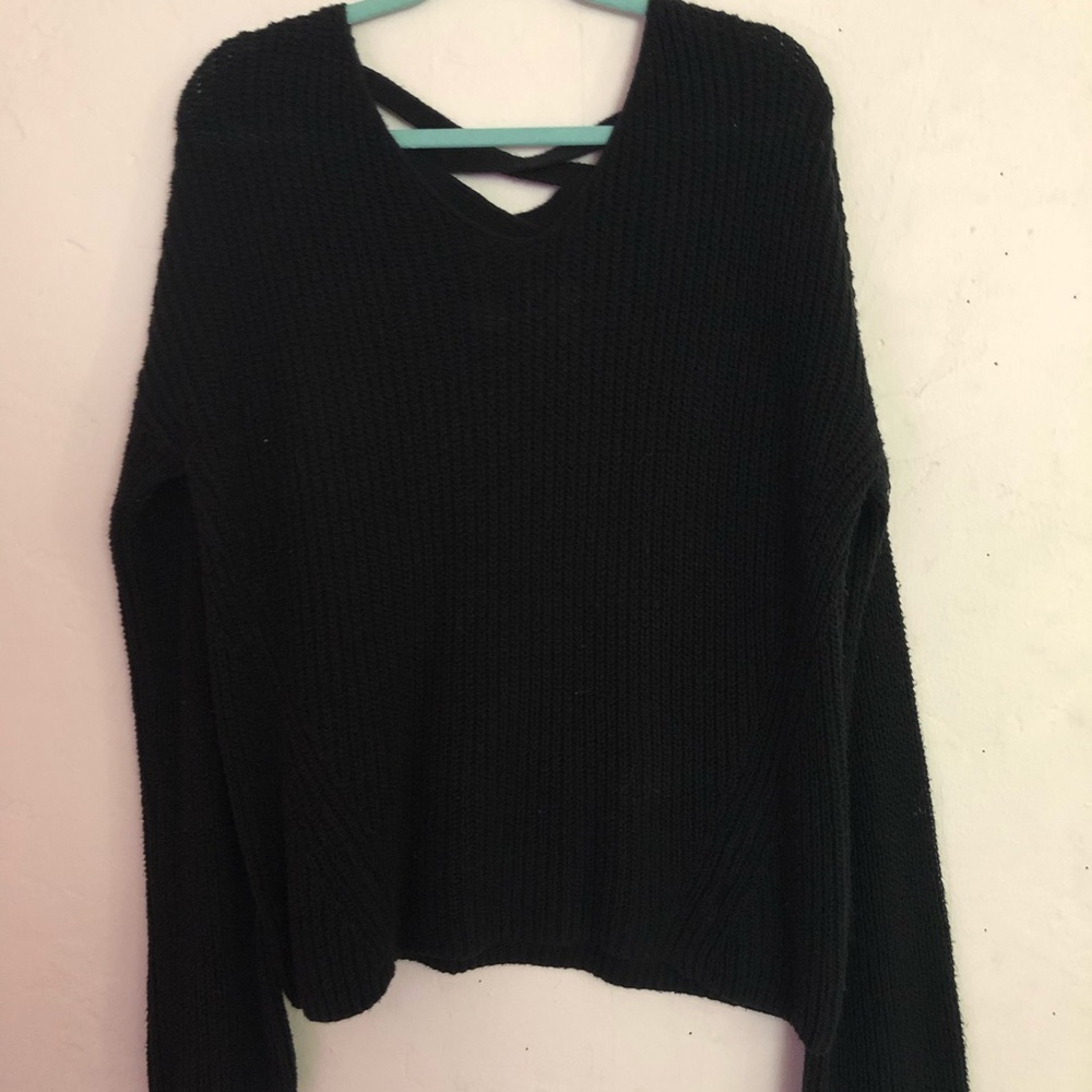 PLUS Black Cross back knit sweater w/long sleeves